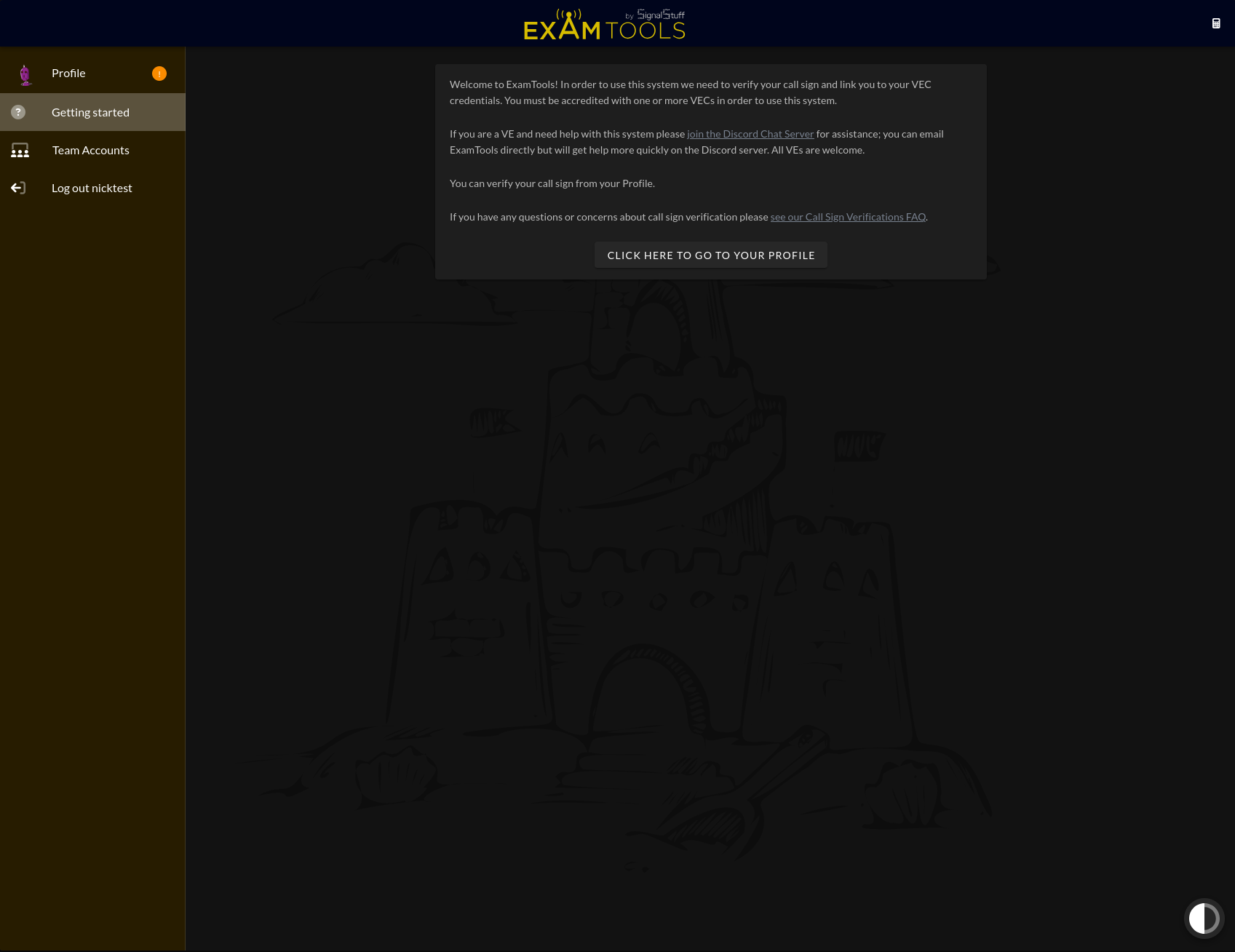 ExamTools Getting Started page after first sign-in, showing the Profile link in the left navigation and a welcome message prompting callsign verification