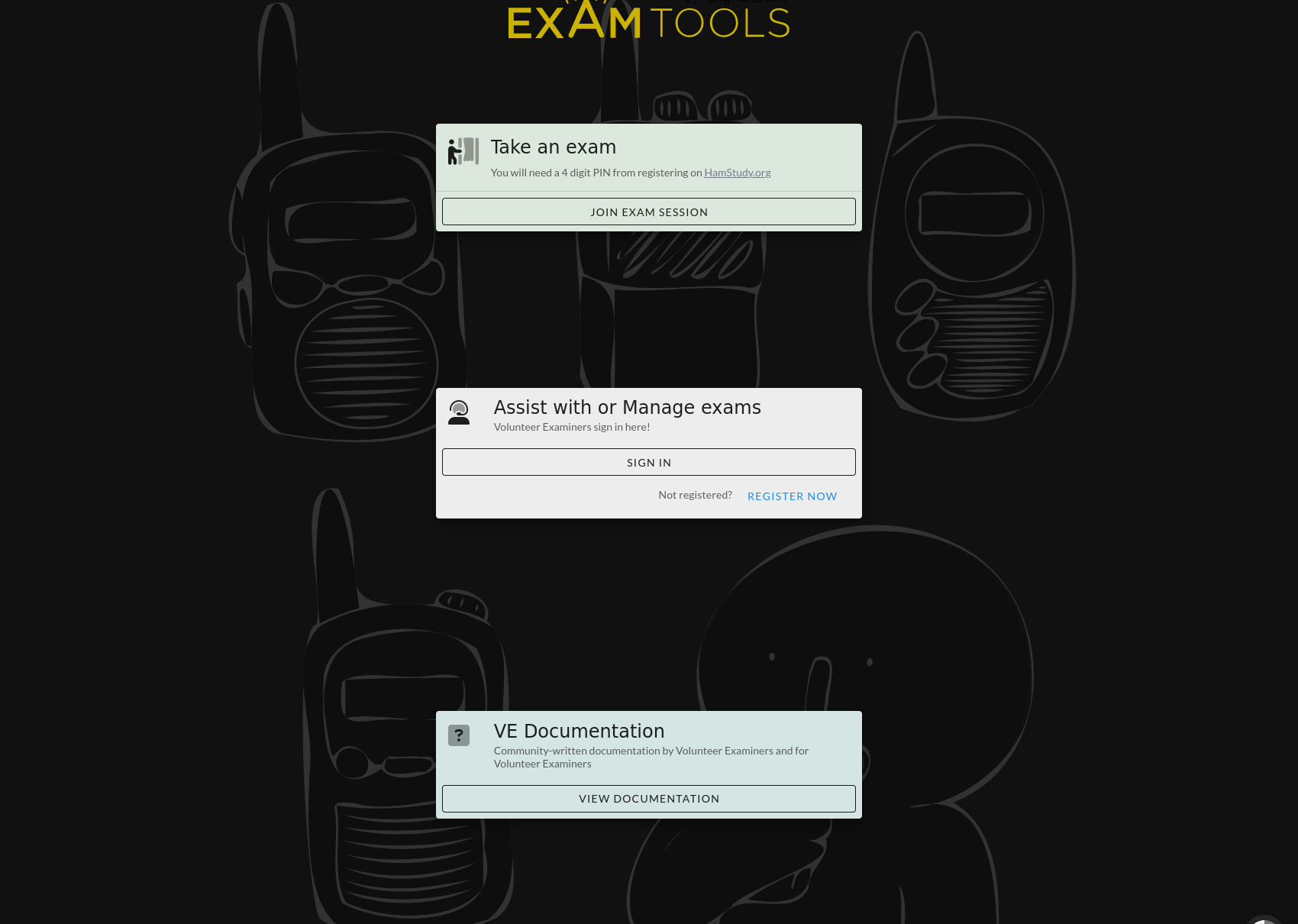 ExamTools homepage showing three options: Take an exam (for applicants), Assist with or Manage exams (for VEs with a Sign In button), and VE Documentation