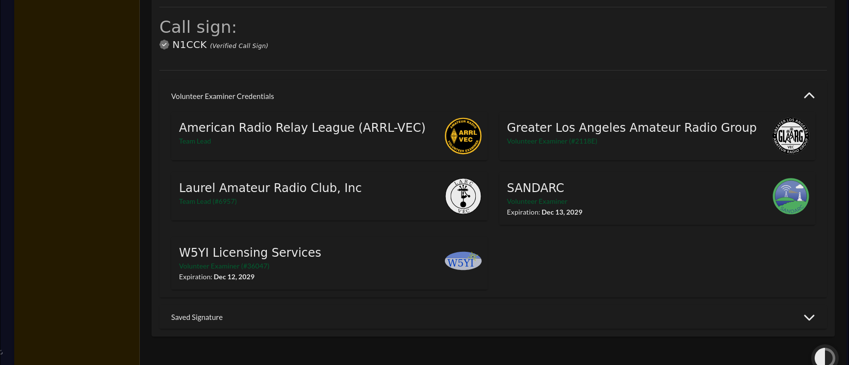 ExamTools Profile page showing a verified callsign, Volunteer Examiner Credentials expanded with VEC accreditations and credential types listed, and a Saved Signature section — the complete ready-to-participate state