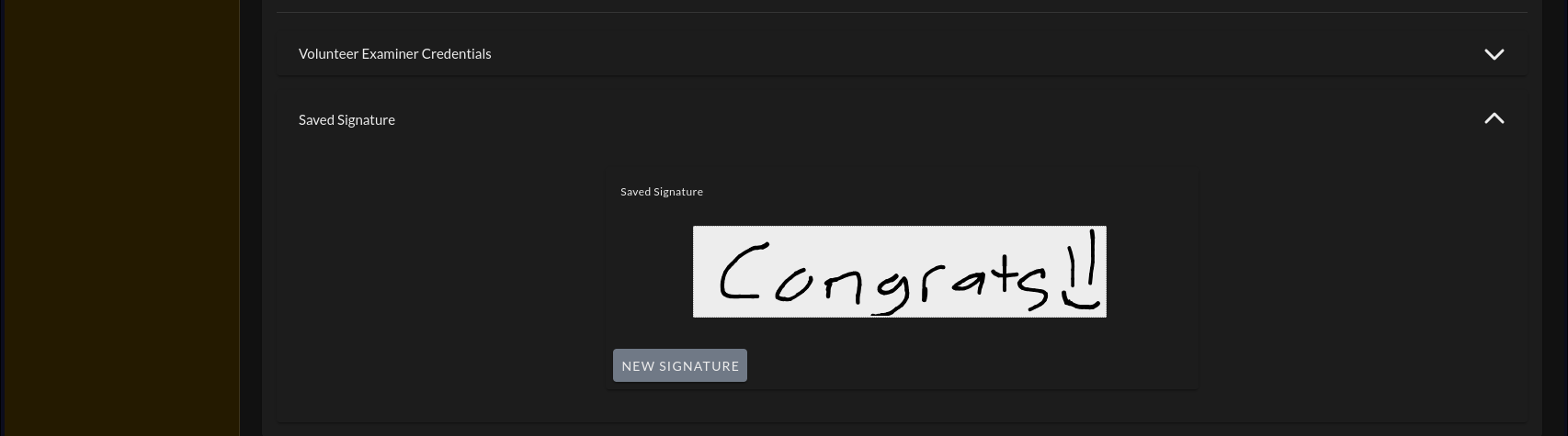 ExamTools Profile page showing the Saved Signature section expanded with a signature preview and a New Signature button