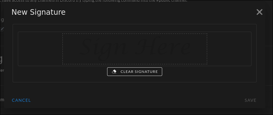 New Signature dialog showing a drawing canvas with a Sign Here watermark, a Clear Signature button, and Cancel/Save actions