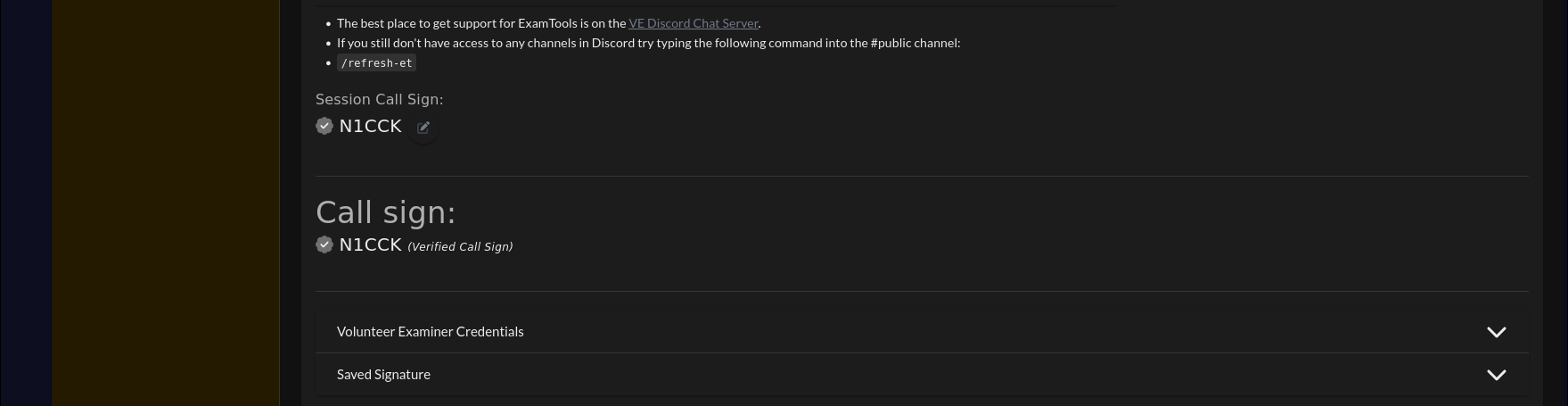 ExamTools Profile page showing the Call sign section with a verified callsign, and below it the Volunteer Examiner Credentials and Saved Signature sections collapsed with expand arrows