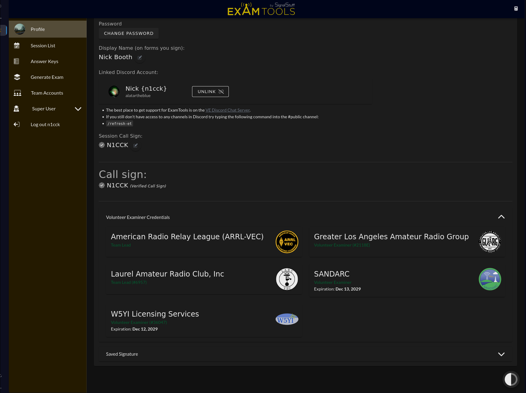 ExamTools Profile page showing a verified callsign under Call sign and the Volunteer Examiner Credentials section expanded with VEC accreditations listed