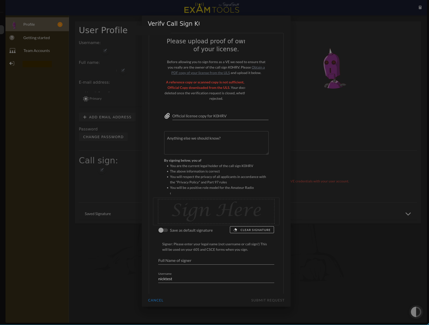 ExamTools Verify Call Sign dialog showing the upload field, affirmation text, signature area, and Submit Request button
