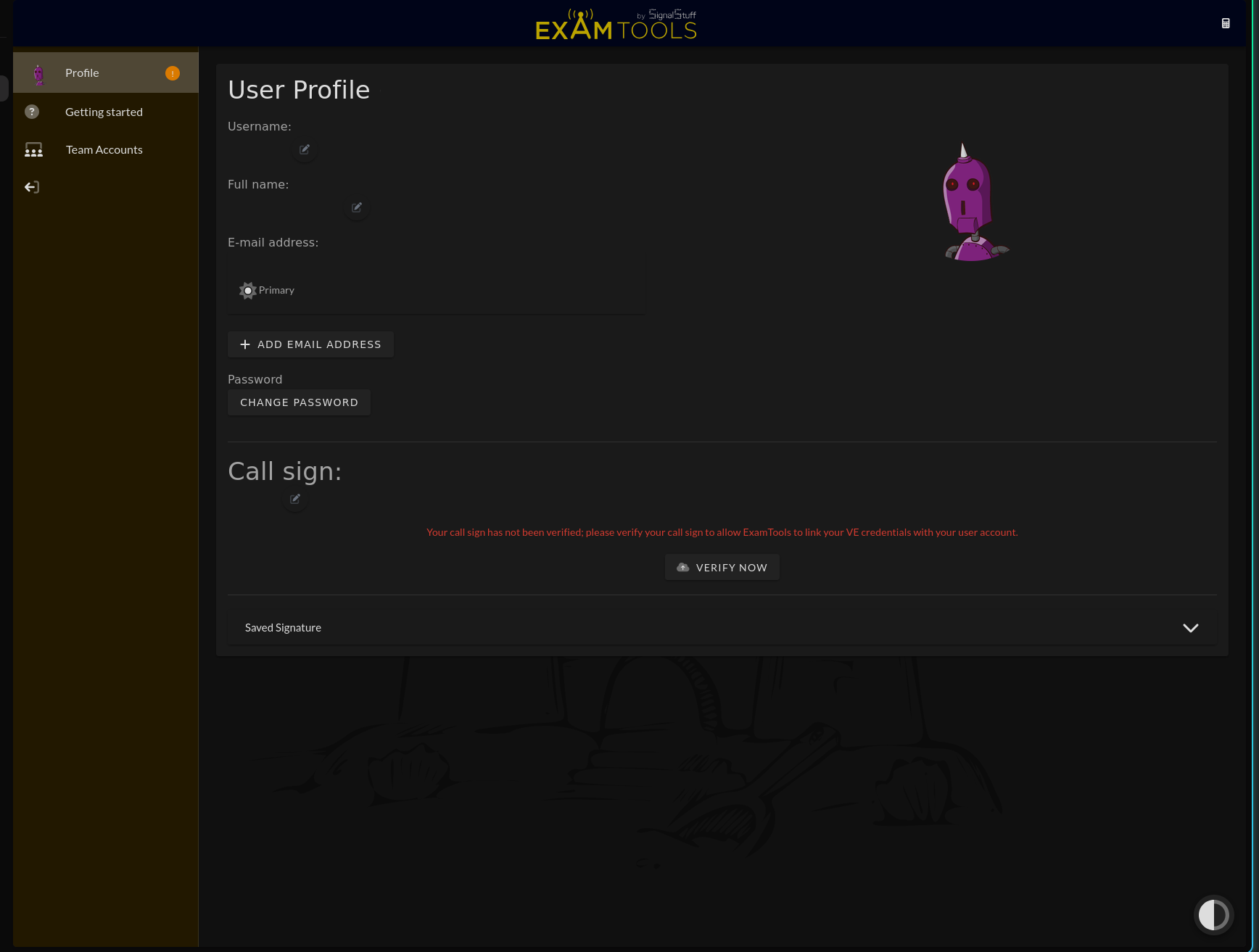 ExamTools Profile page showing the Call sign section with a “Your call sign has not been verified” message and a Verify Now button