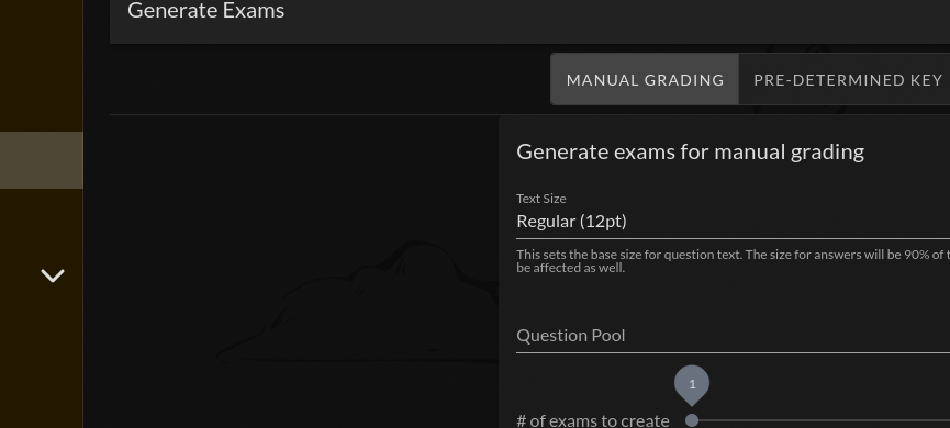 Exam generation options showing Text Size dropdown, Question Pool selector, number of exams slider, Omit questions with figures toggle, and PDF/Text output format buttons