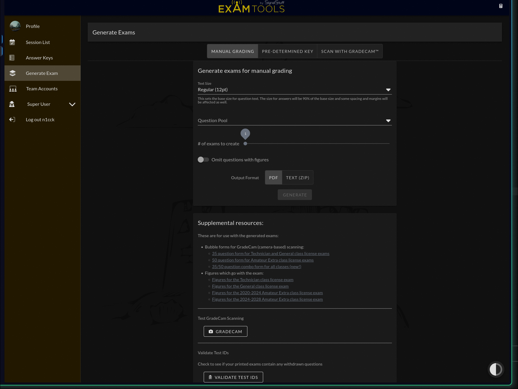 Generate Exams page showing Manual Grading, Pre-determined Key, and Scan with GradeCam method tabs above the exam generation options form