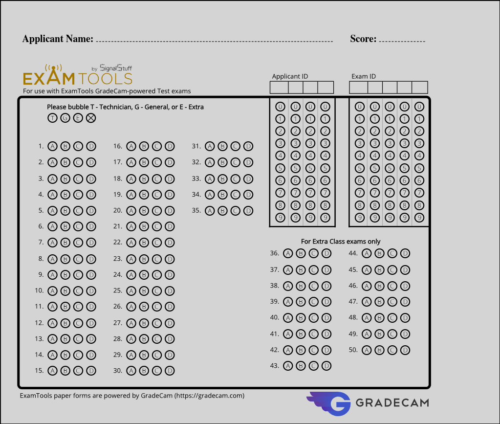 GradeCam bubble form showing Applicant Name, Applicant ID, and Exam ID fields at the top, element bubbles (T/G/E), and numbered answer bubble rows 1–50