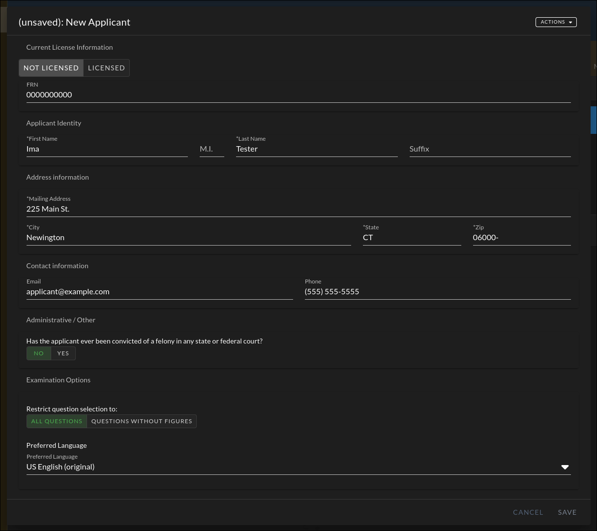 New Applicant form showing fields for license status, FRN, applicant identity, address, contact information, and exam element options