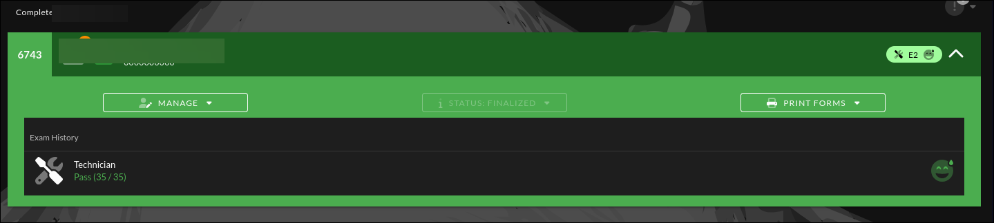 Completed applicant row highlighted in green showing STATUS: FINALIZED, Manage and Print Forms buttons, and Exam History with a passing score