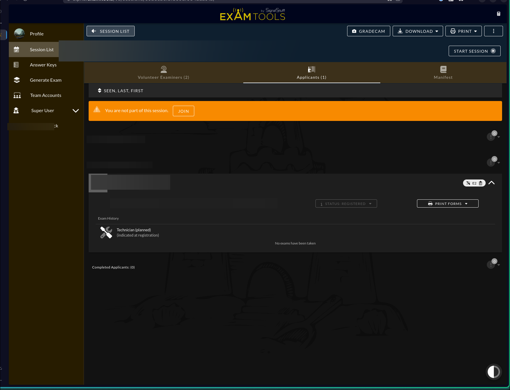 Session Applicants tab showing an expanded applicant row with Assign to Me, Manage, Status, and Print Forms action buttons visible