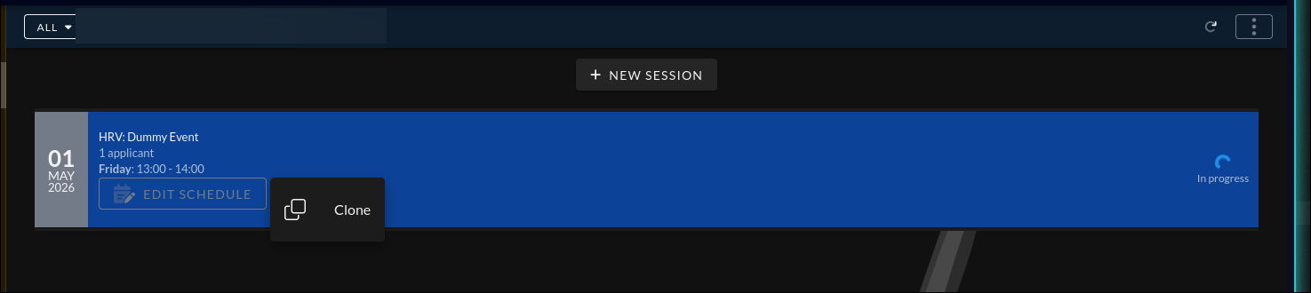 Session list showing a session row with the overflow menu open and a Clone option visible