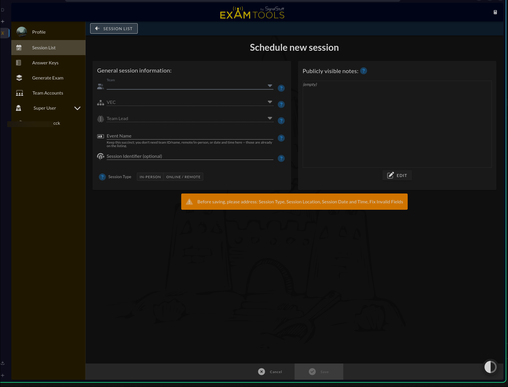 Session creation form showing the General session information section with Team, VEC, Team Lead, Event Name, Session Identifier, and Session Type fields
