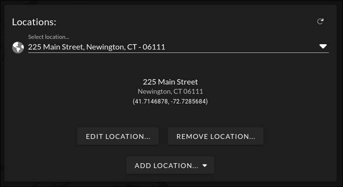 Session Locations section showing a saved location selected from a dropdown with the address displayed, and an Add Location button