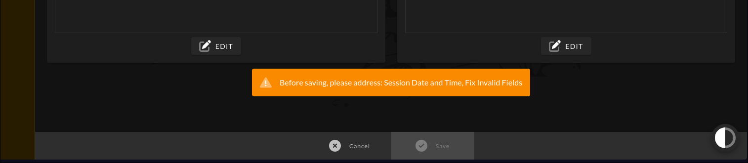 Session creation form showing an orange validation warning alert above the Save button listing required items that must be addressed before saving
