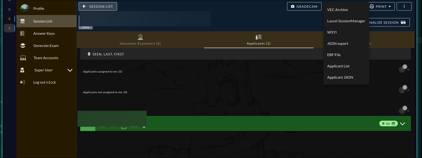 Session view showing the Download menu open with export options including VEC Archive, Laurel SessionManager, W5YI, JSON export, EBF File, Applicant List, and Applicant JSON