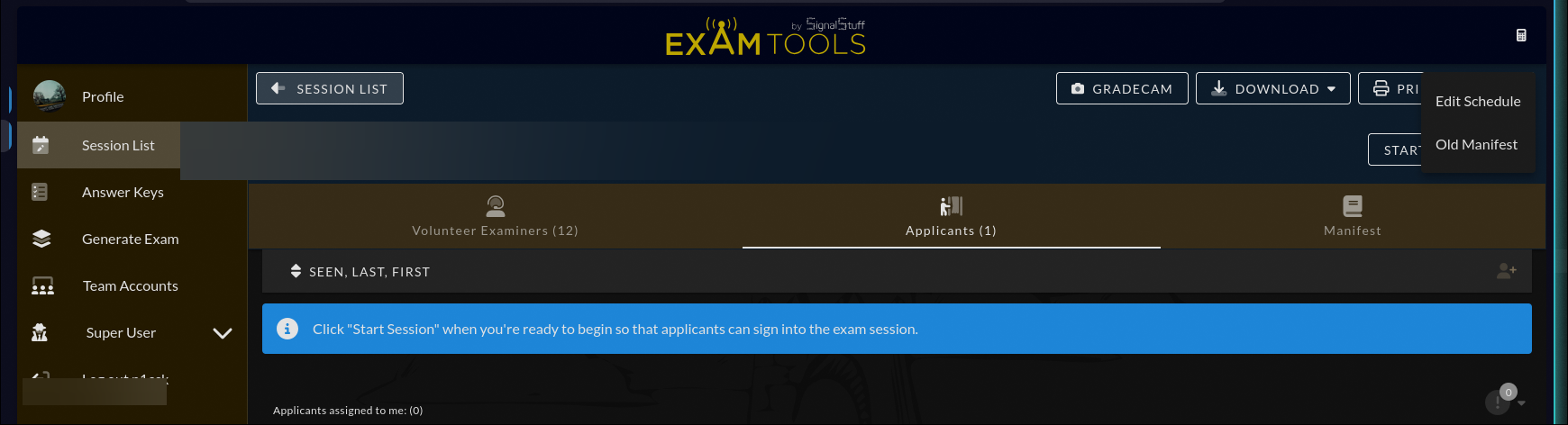 Session view showing the session header with the overflow menu open revealing Edit Schedule and Old Manifest options