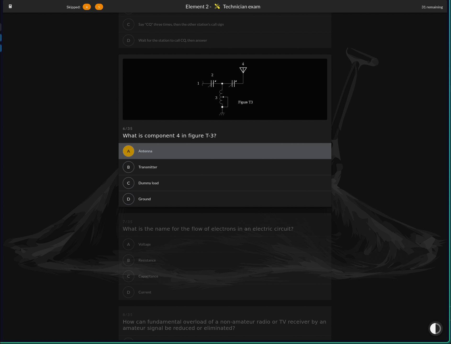 Applicant exam interface showing the toolbar with skipped-question chips and remaining count, question cards with lettered answer choices, and a figure-based question