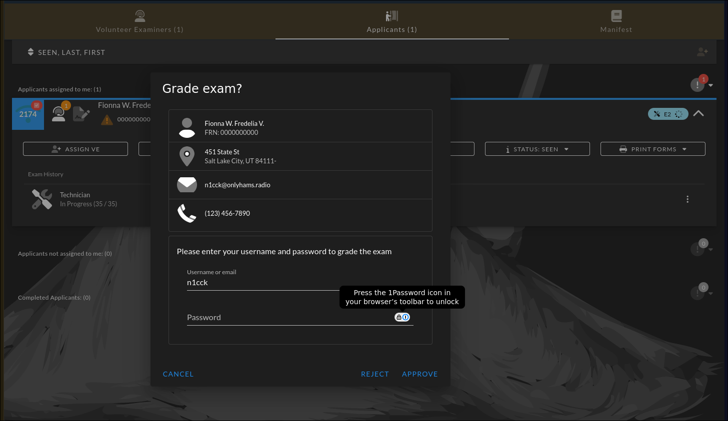 Grade exam dialog showing applicant identity information and username/password fields for VE authorization