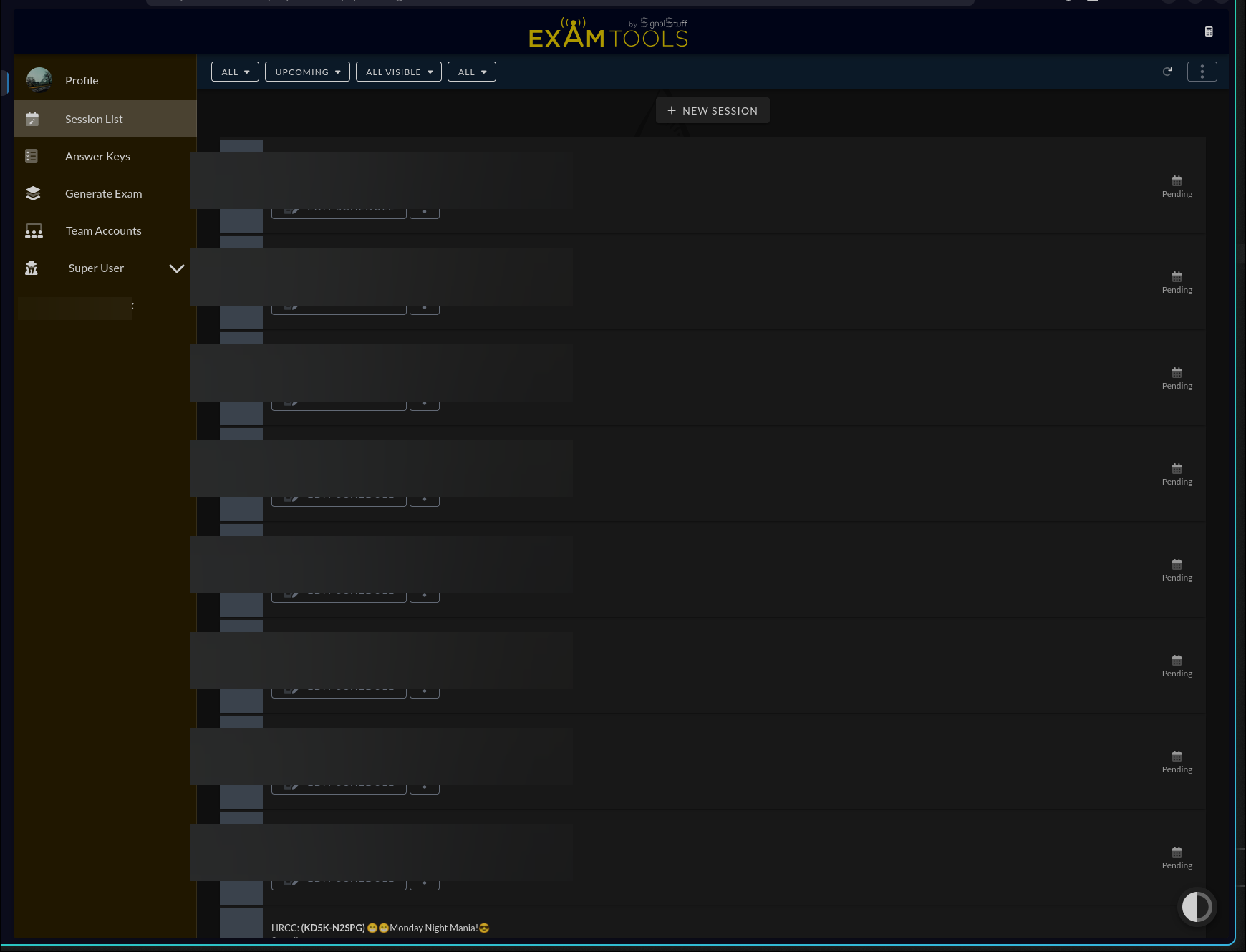 ExamTools Session List page showing upcoming sessions with EDIT SCHEDULE buttons and a + New Session button in the upper right