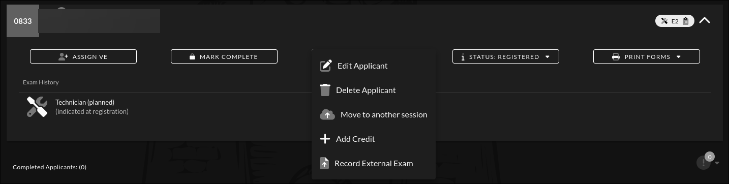 Expanded applicant row with the Manage dropdown open showing Edit Applicant, Delete Applicant, Move to another session, Add Credit, and Record External Exam options
