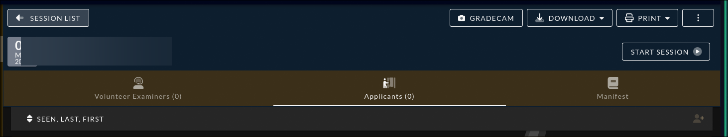 Session header showing the date, session title, and Start Session button in the top right