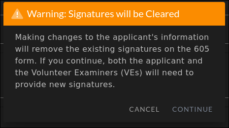 “Warning: Signatures will be Cleared” dialog explaining that changes to applicant information will remove existing signatures, with Cancel and Continue buttons