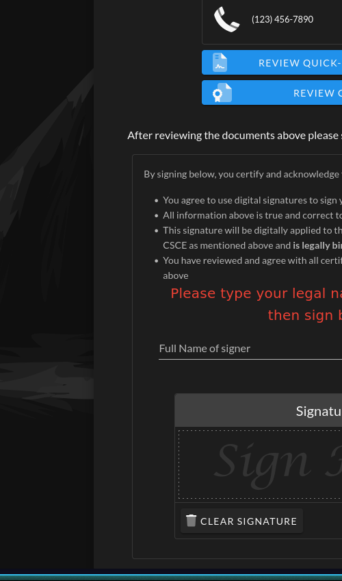 Certification box showing the certification text, Full Name of signer field, signature pad with Sign Here placeholder, and Clear Signature and Sign Documents buttons