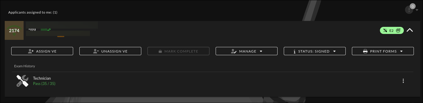 Expanded applicant row showing STATUS: SIGNED with signature indicator badge, action buttons, and Exam History showing a passing score