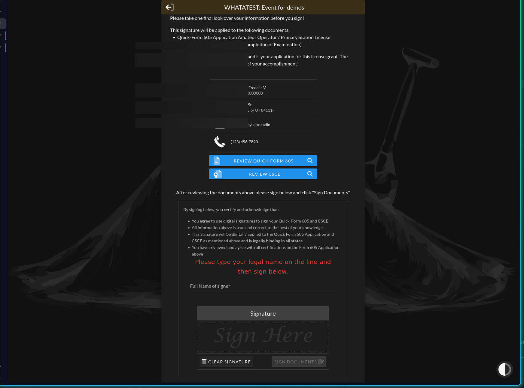 Applicant signing page showing the applicant identity card, Review Quick-form 605 and Review CSCE buttons, and the certification and signature area below