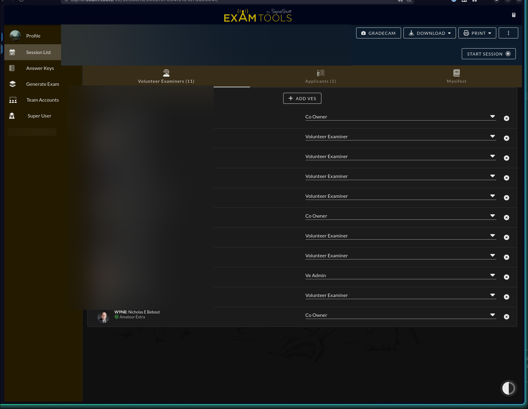 Session Volunteer Examiners tab showing a list of VEs with their session roles and a + ADD VES button
