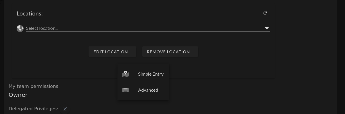 Add Location dialog showing Simple Entry and Advanced options for entering a location address
