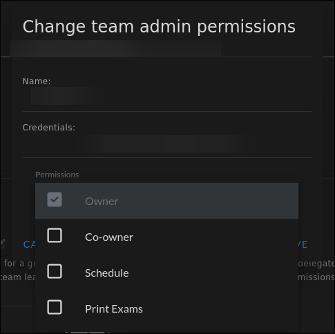 Edit administrator dialog showing a Permissions dropdown with Owner, Co-owner, Schedule, and Print Exams options