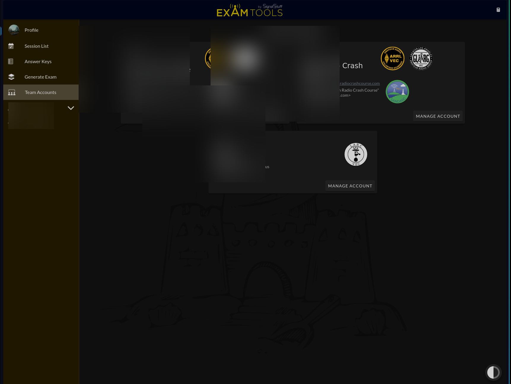 ExamTools Team Accounts page listing existing teams with a + New Team Account button in the upper right