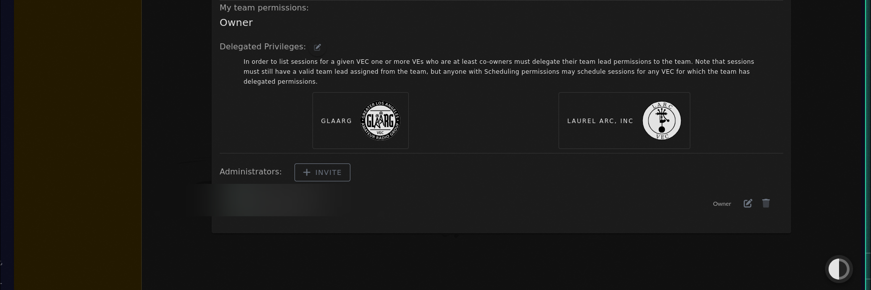 Manage Account page showing the Administrators section listing current admins with their permission levels and a + INVITE button