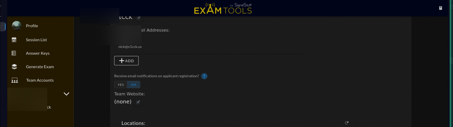 Contact E-mail Addresses section showing a list of email addresses and a Receive email notifications on applicant registration toggle