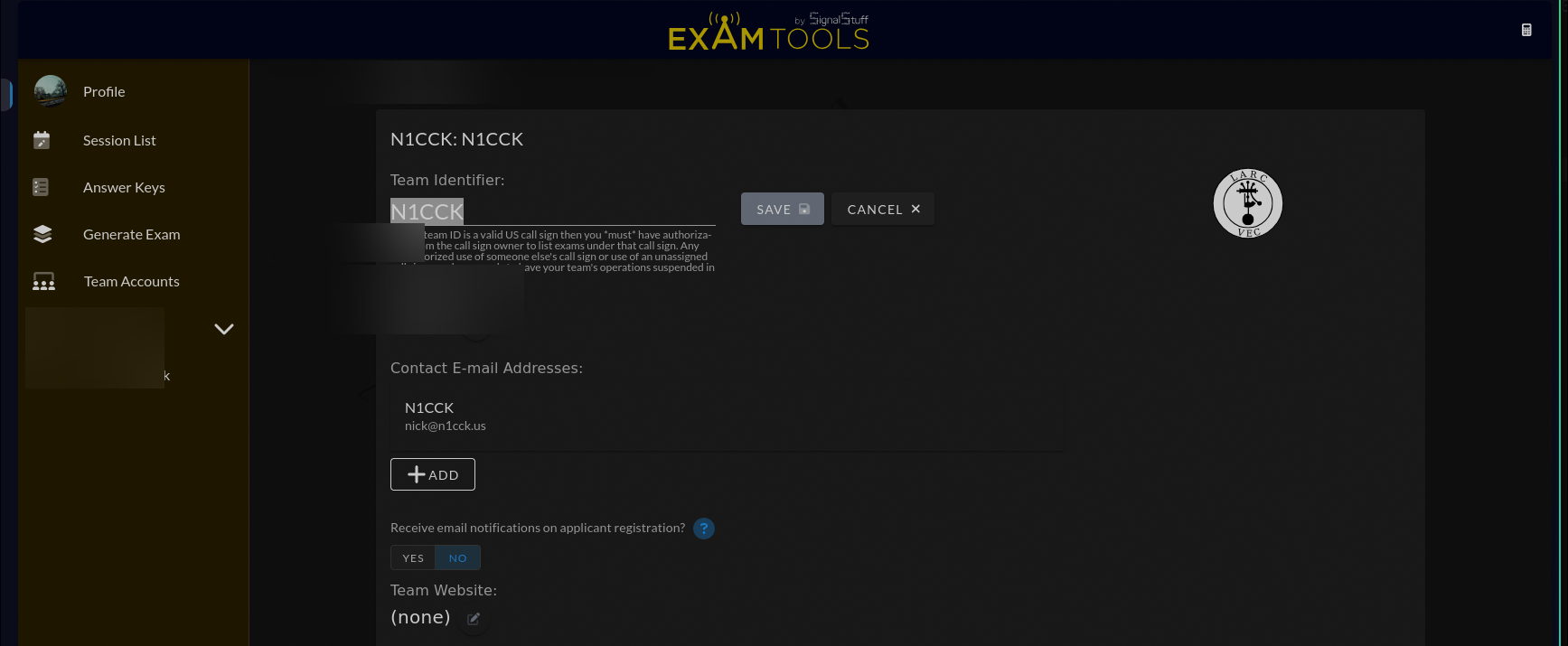 Manage Account page showing a team field in inline edit mode with a text input and Save and Cancel buttons