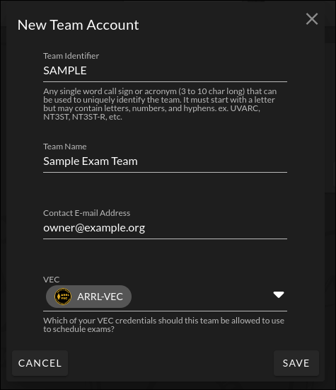 New Team Account dialog with fields for Team Identifier, Team Name, Contact E-mail Address, and VEC